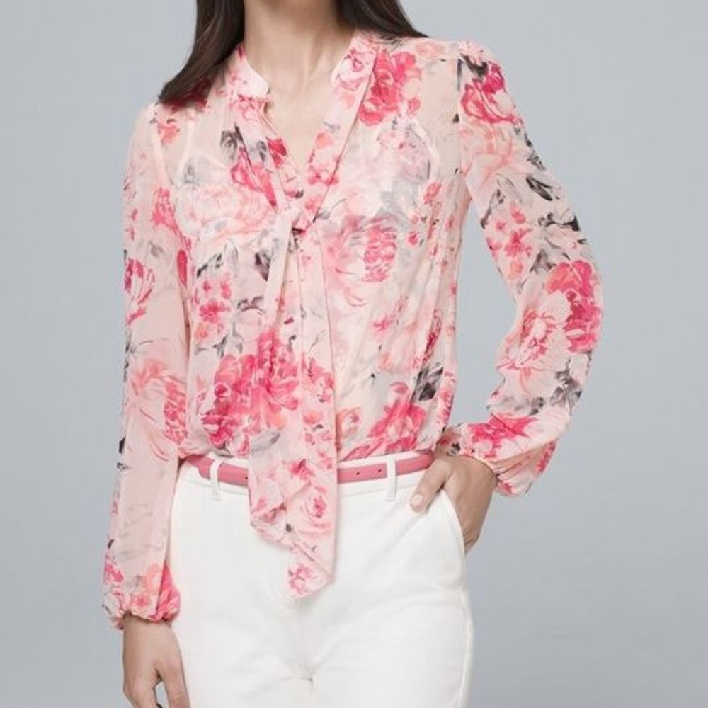 WHBM | Floral Tie-Neck V-Neck Blouson Top 6